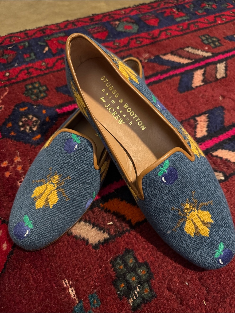 Stubbs & Wootton x J. Crew Blue Embroidered Bee & Berry Loafers